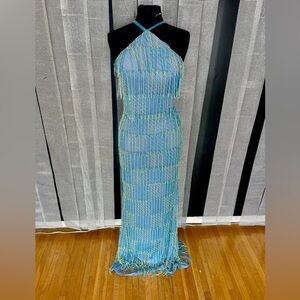 Prom pageant long maxi fringe dress blue